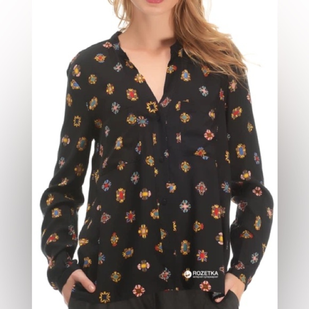 ZARA Basic Jewel Print Button Down Top Black Size M (Fits S)